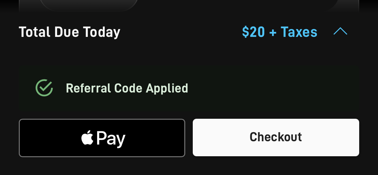 Checkout with a green Referral Code Applied badge above the Checkout button